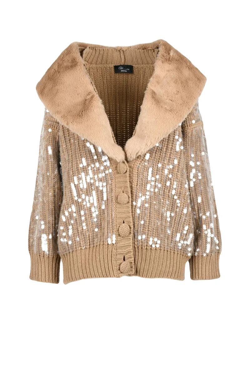 Sequin/Plush Cardigan - Beige