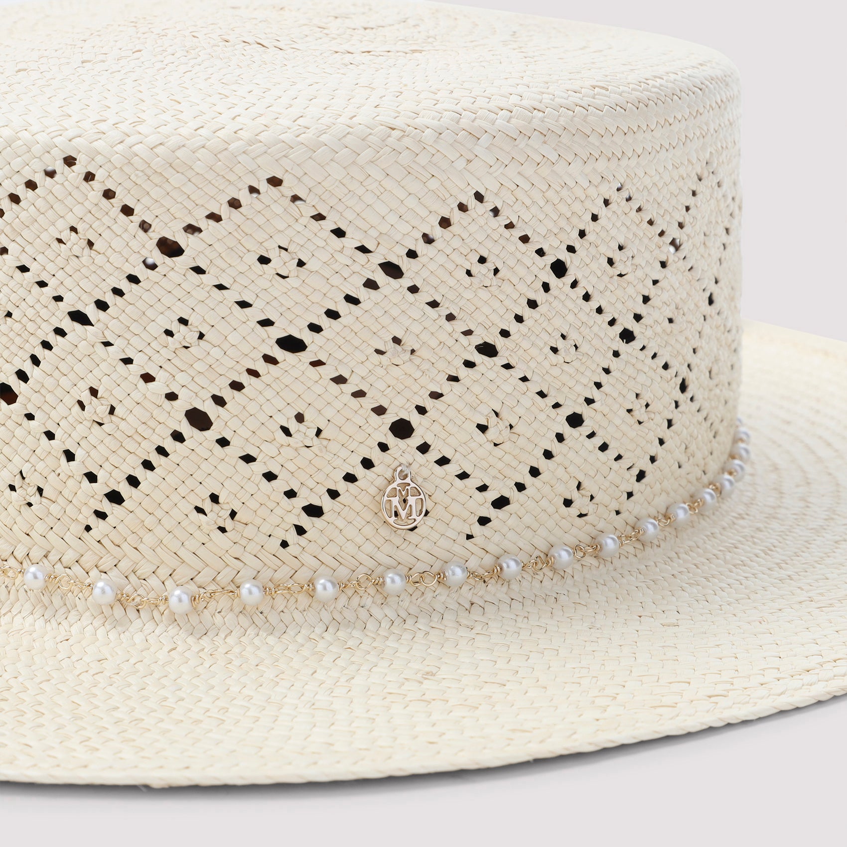 Wide-Brim Hat with Perforated Diamond Pattern and Pearl Accents