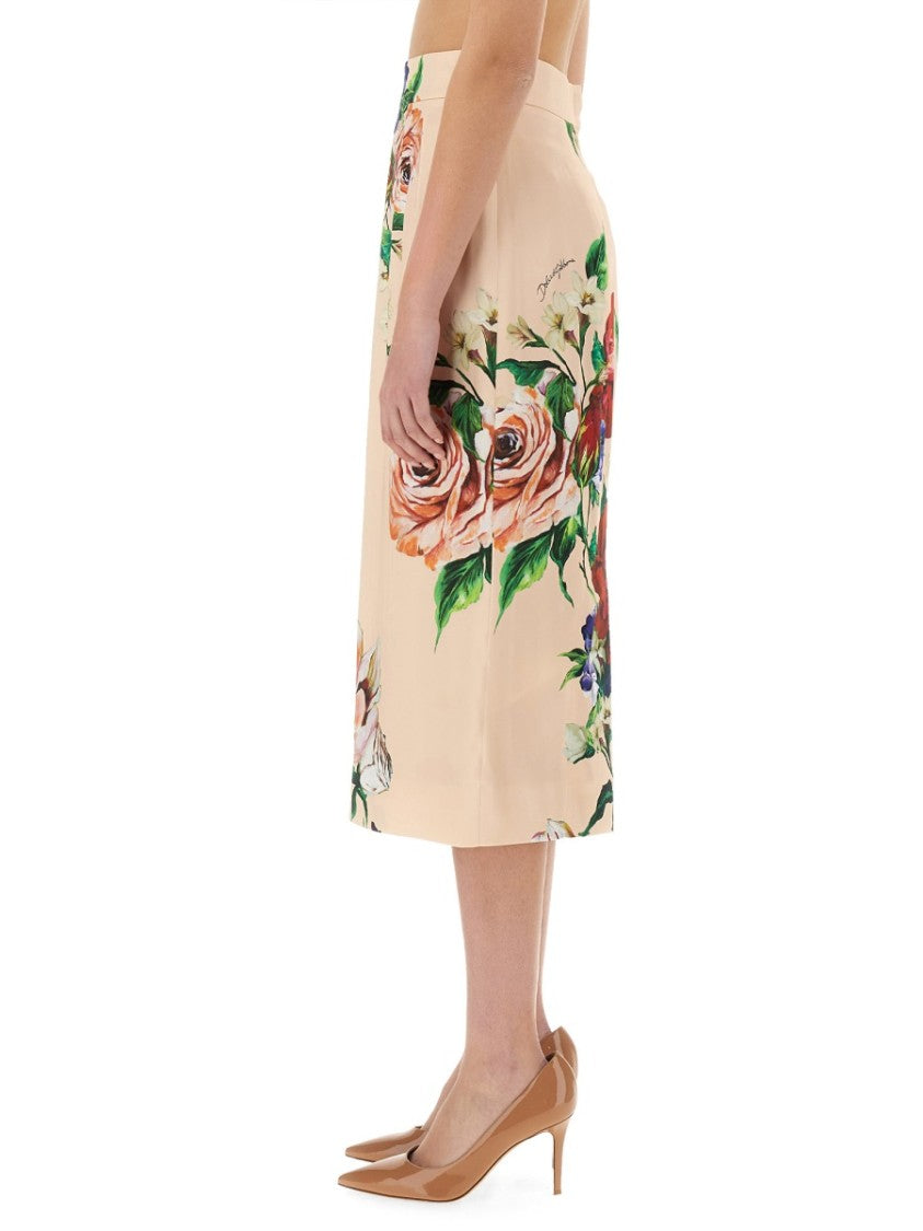 Flower Print Satin Midi Pencil Skirt