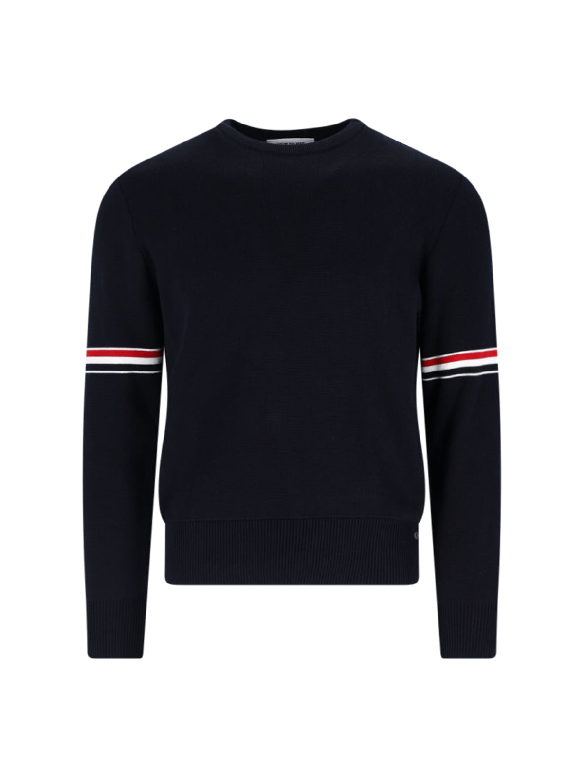 Navy Blue Cotton Sweater With Tricolor Grosgrain Accents
