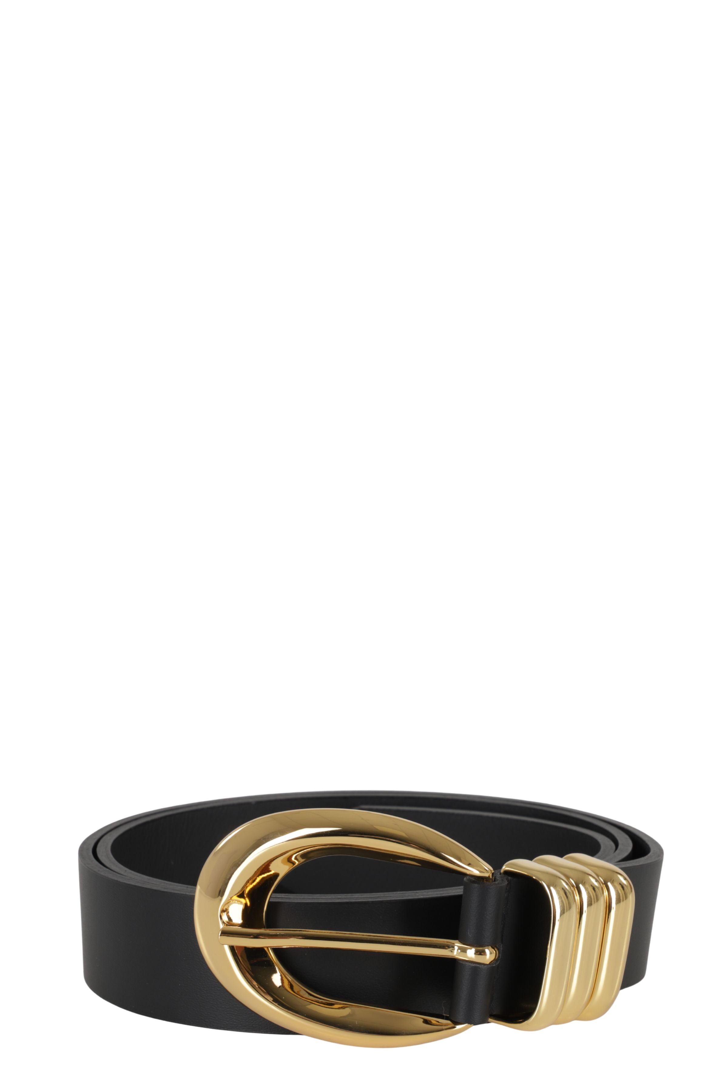 Slim Black Leather Belt with Polished Gold Accents