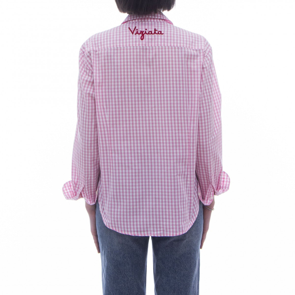 Gingham Check Long-Sleeved Shirt with Floral Cuffs