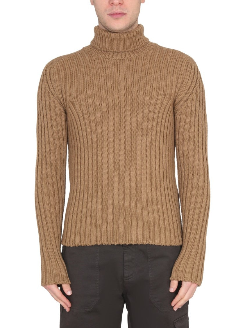 Brown Ribbed Turtleneck Sweater