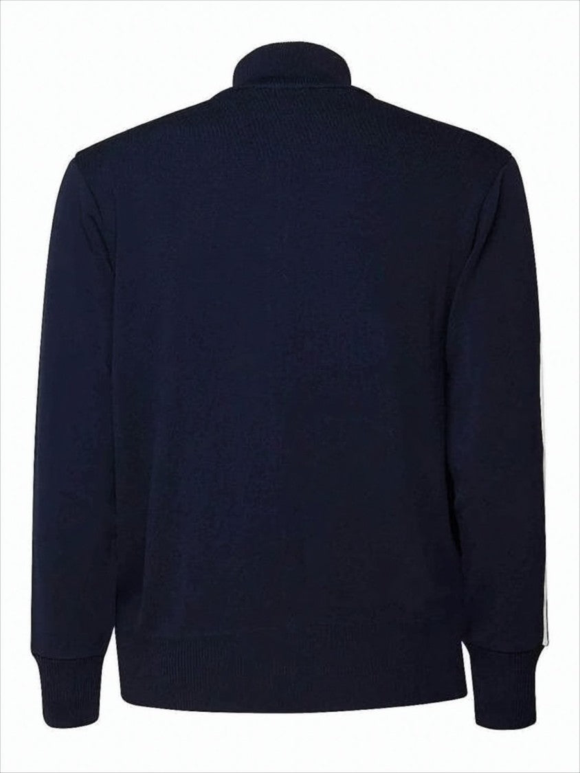 High-Collar Blue Jacket with Vertical Stripes and Ribbed Cuffs