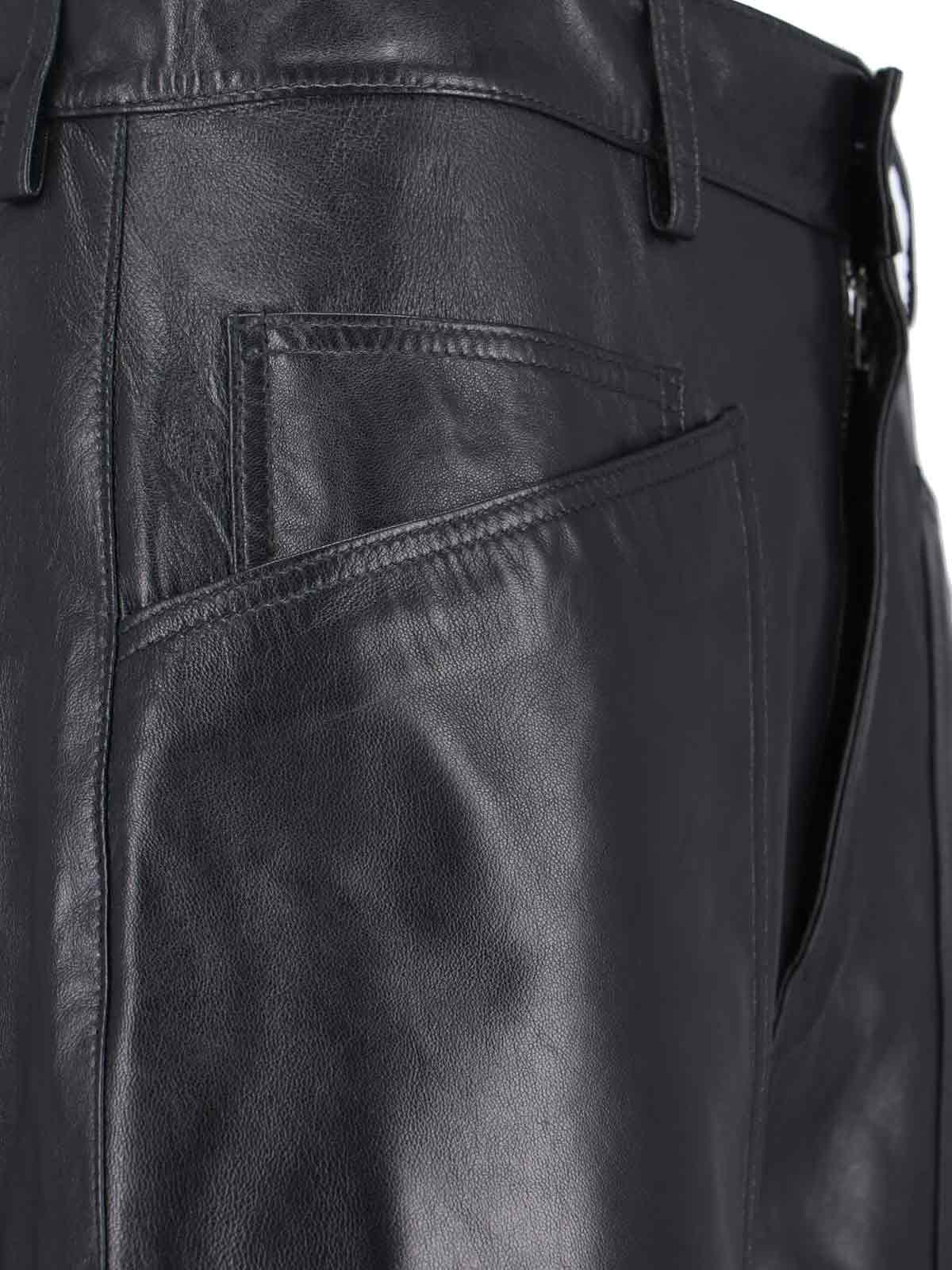 "Shon" Leather Trousers, Black, Mid-Rise, Belt Loops, Button