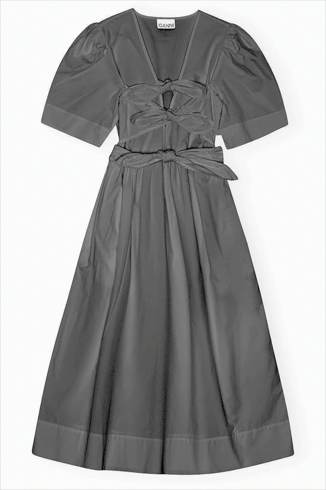 Puffed Sleeve Midi Dress With Cut-Out Detail