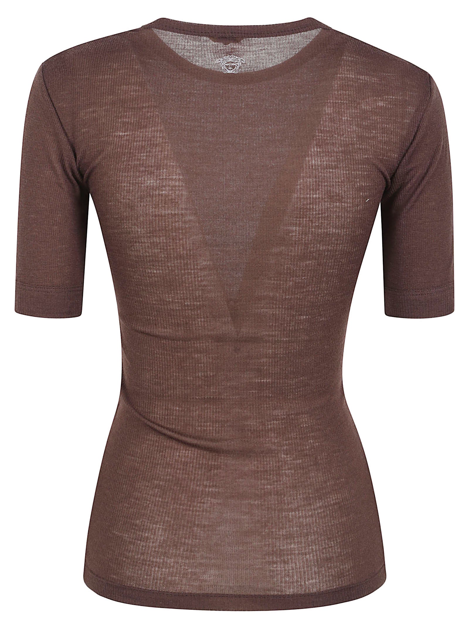 Fitted Semi-Sheer Brown Short-Sleeve Top with Ribbed Texture