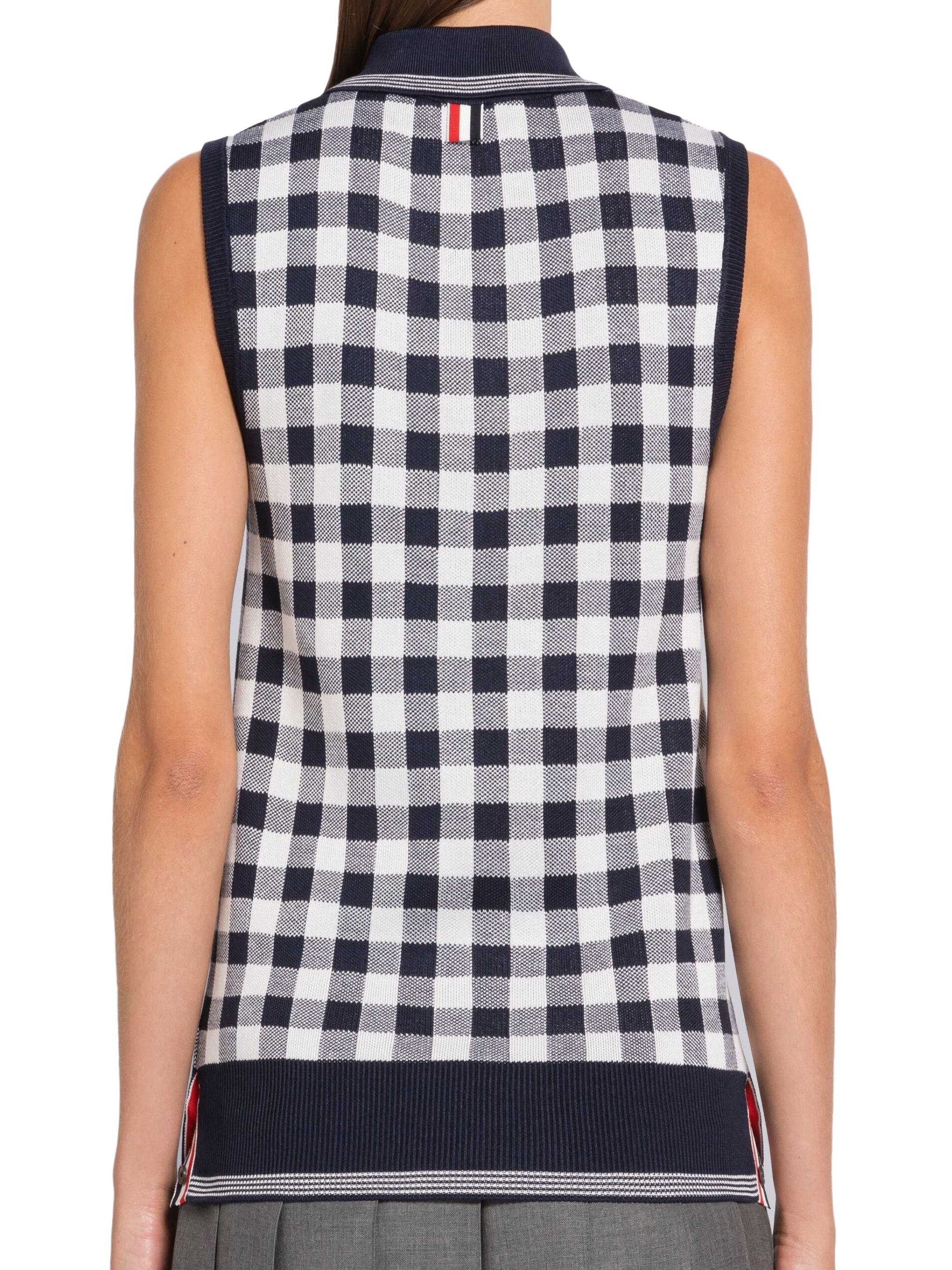 Silk Sleeveless Top with Checkered Pattern and Polo Collar