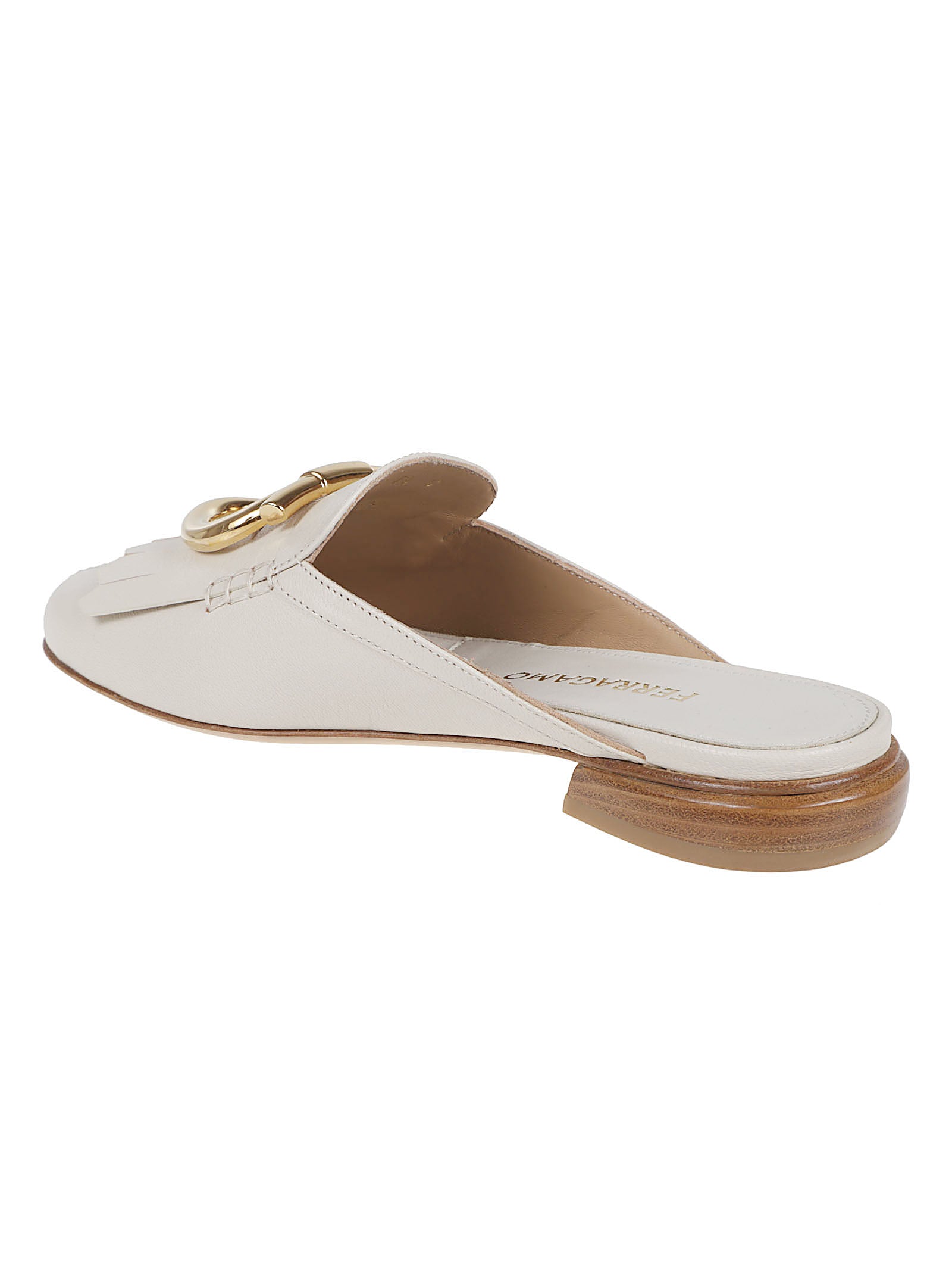Ivory Leather Slip-On Sandals with Gold Gancini Detail
