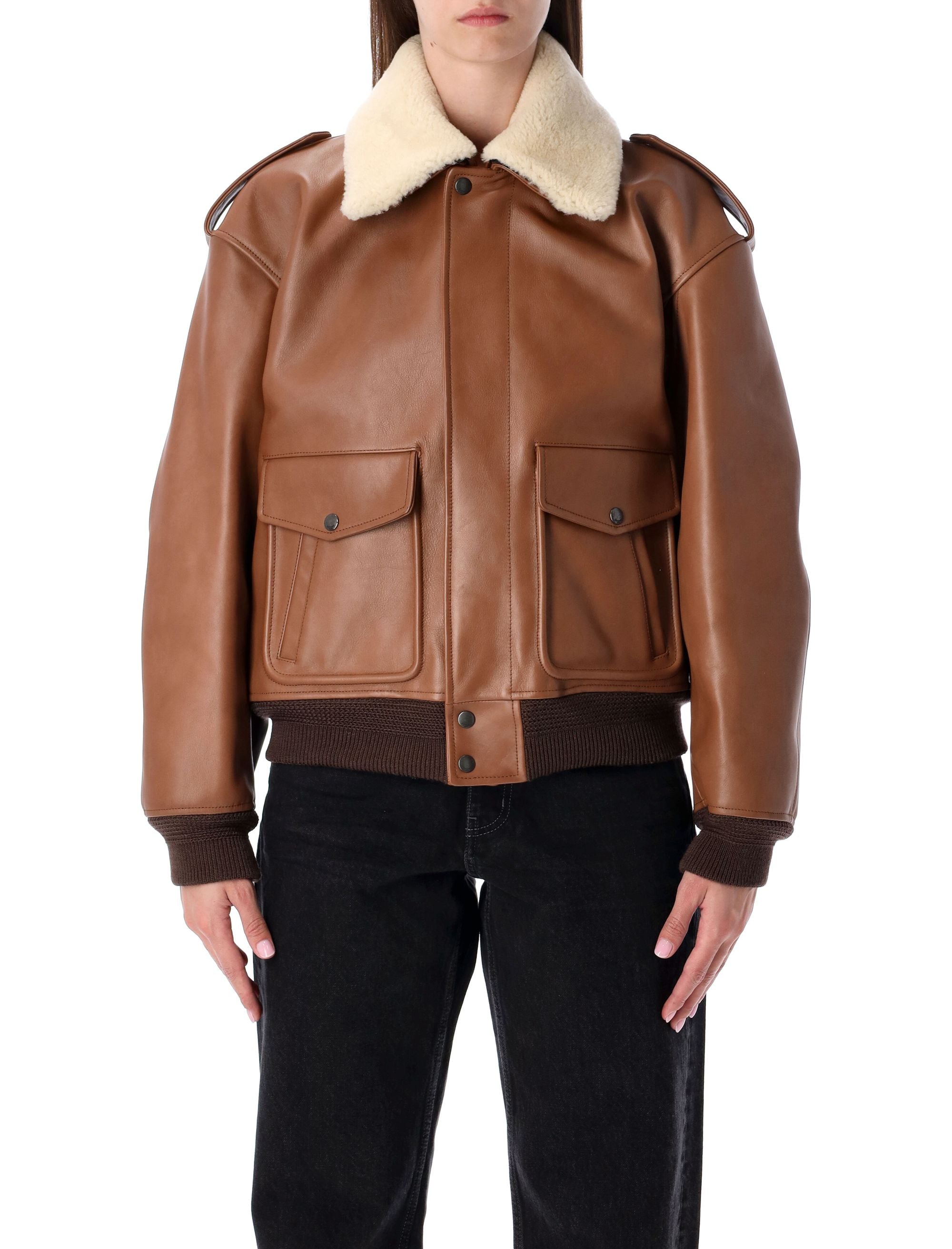 Brown Leather Bomber Jacket With Shearling Collar