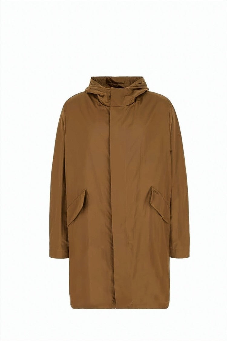 Brown Nylon Jacket with Hood and Script Logo