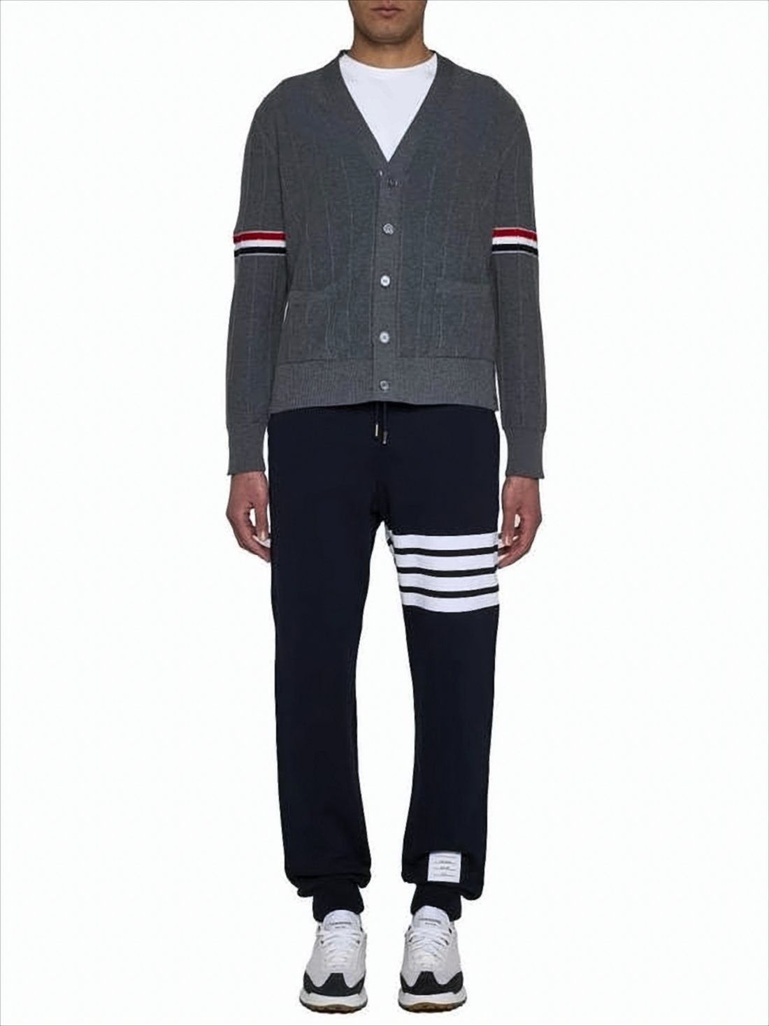 Grey Wool Cardigan with V-Neck and Iconic Striped Accents