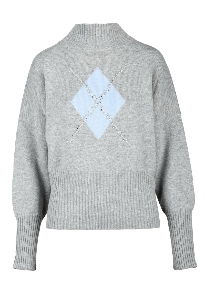 Nuccia Mock Neck Sweater with Rhinestones - Grey