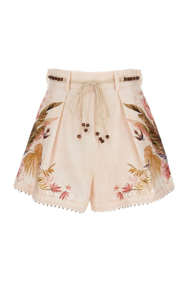 Floral Print Linen Shorts With Removable Waist Strap And Side Pockets