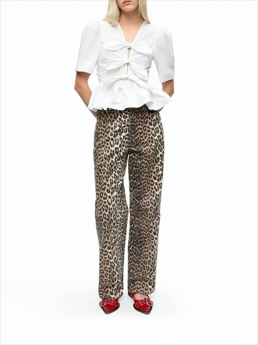 White V-Neck Blouse With Bow Ties And Peplum Hem