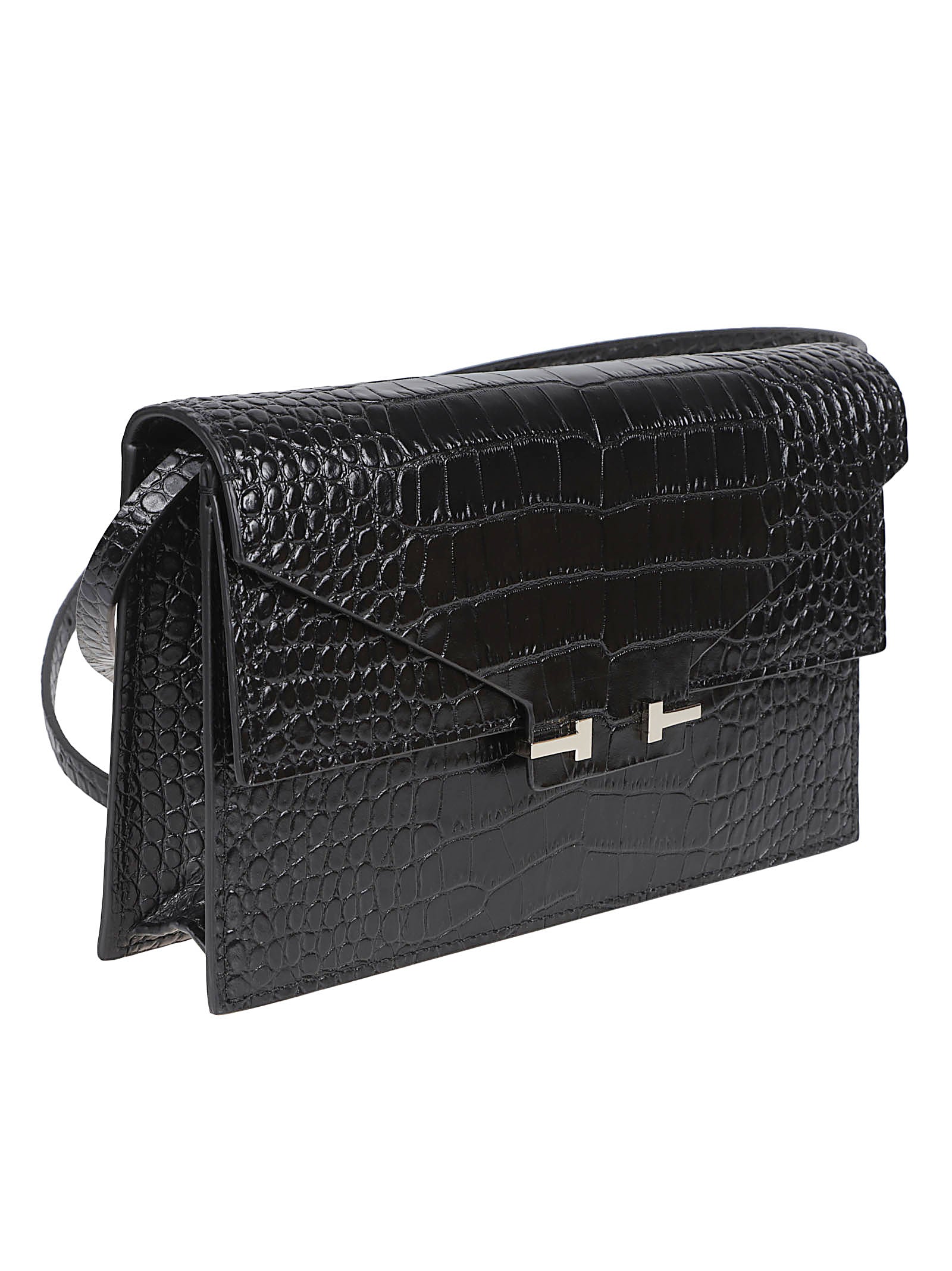 Rectangular Black Crocodile-Effect Bag with Adjustable Strap