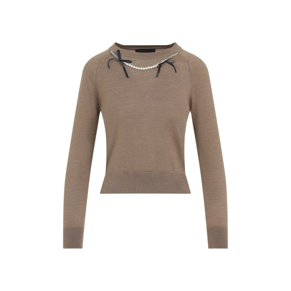 Fitted Long-Sleeve Sweater With Pearl Accents And Ribbon Detail