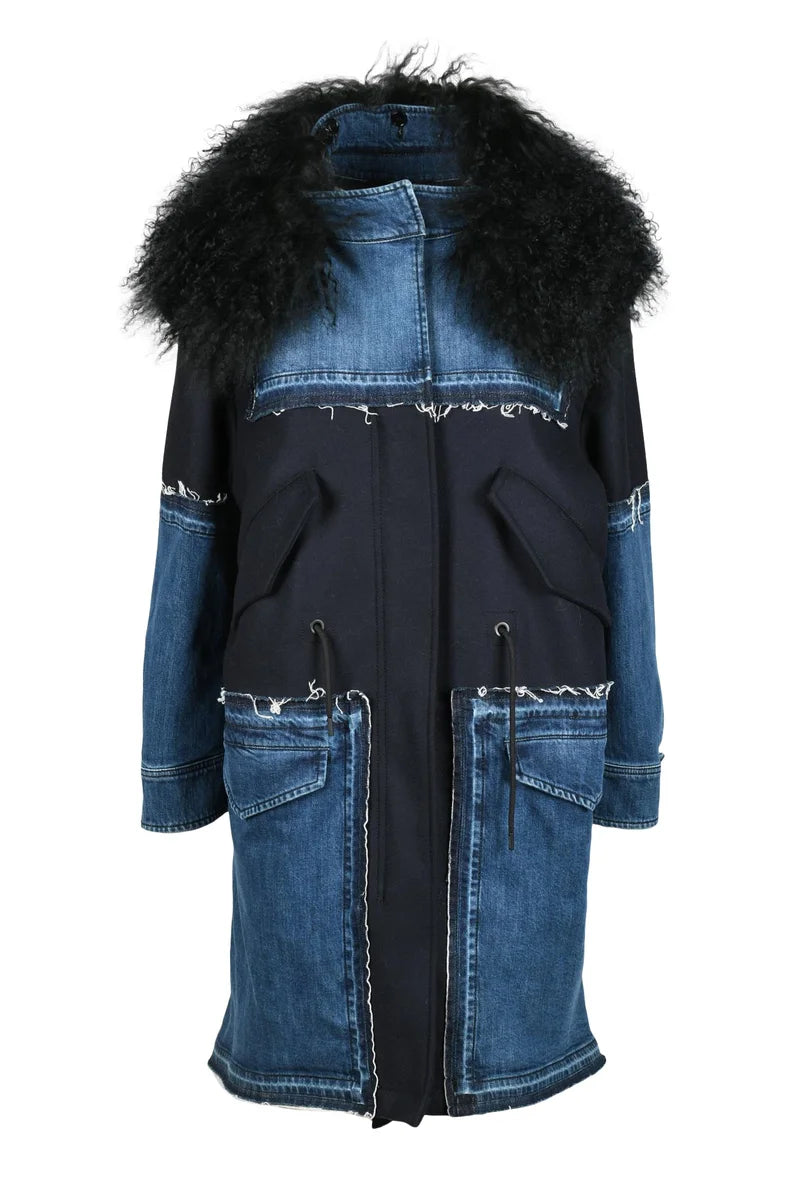 Patchwork Parka Wool Cashmere Fur - Blue