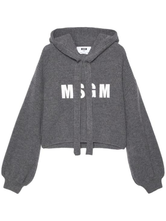 Cropped Grey Knit Sweater With Bold Logo And Hood