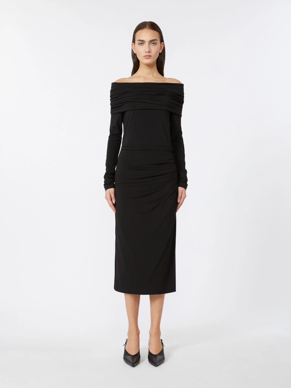 Fitted Off-The-Shoulder Midi Dress With Subtle Ruching