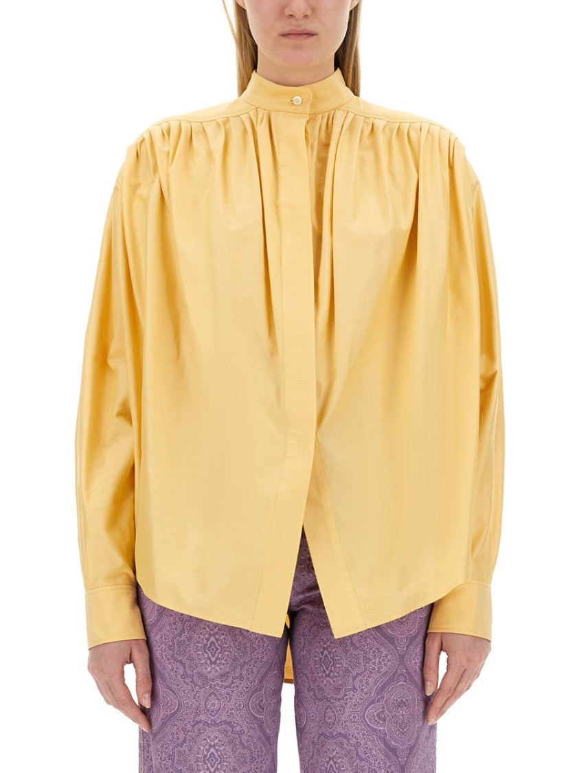Pleated High Collar Cotton Poplin Blouse