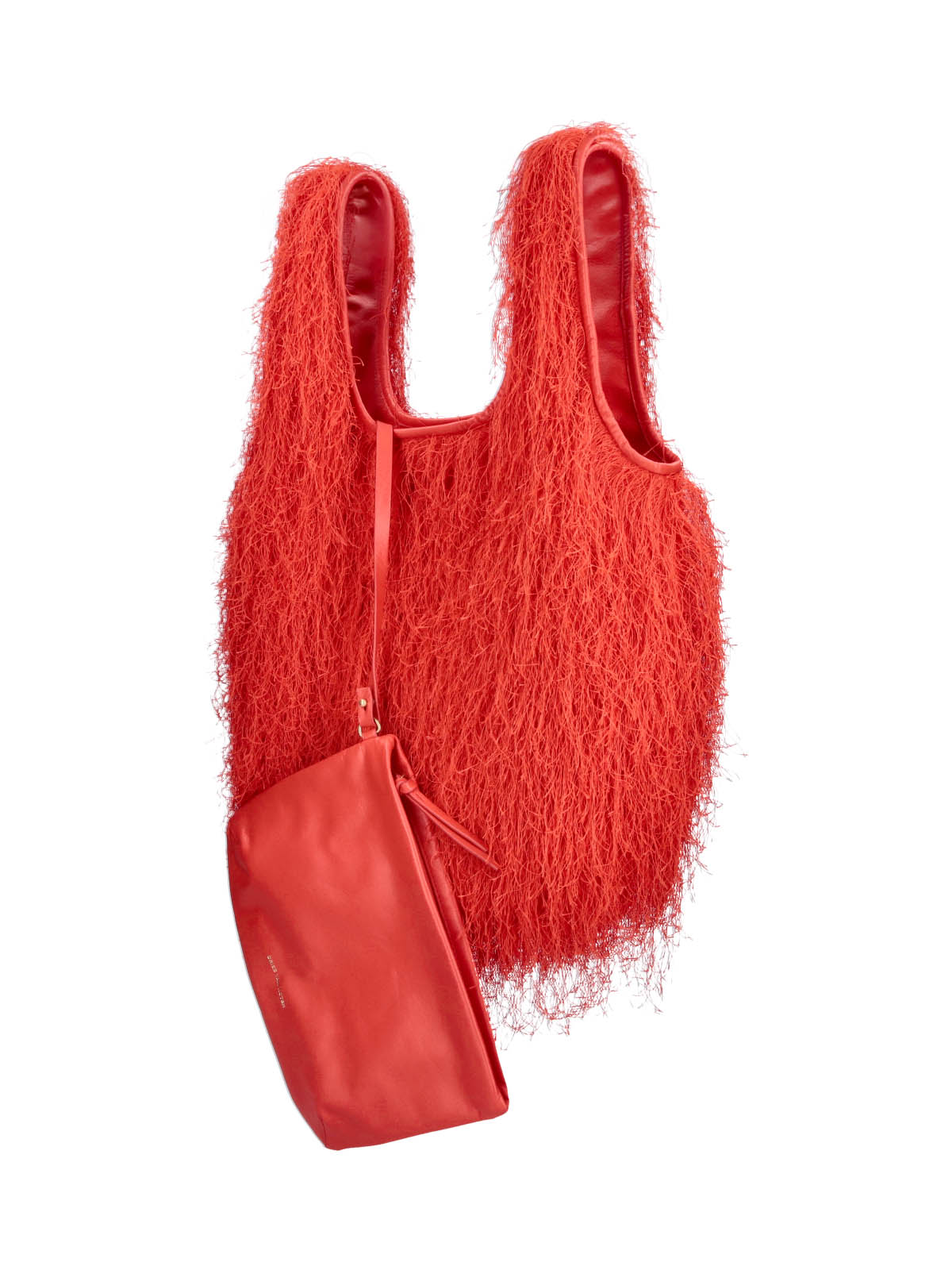 Red Shaggy Fringed Exterior Tote Bag