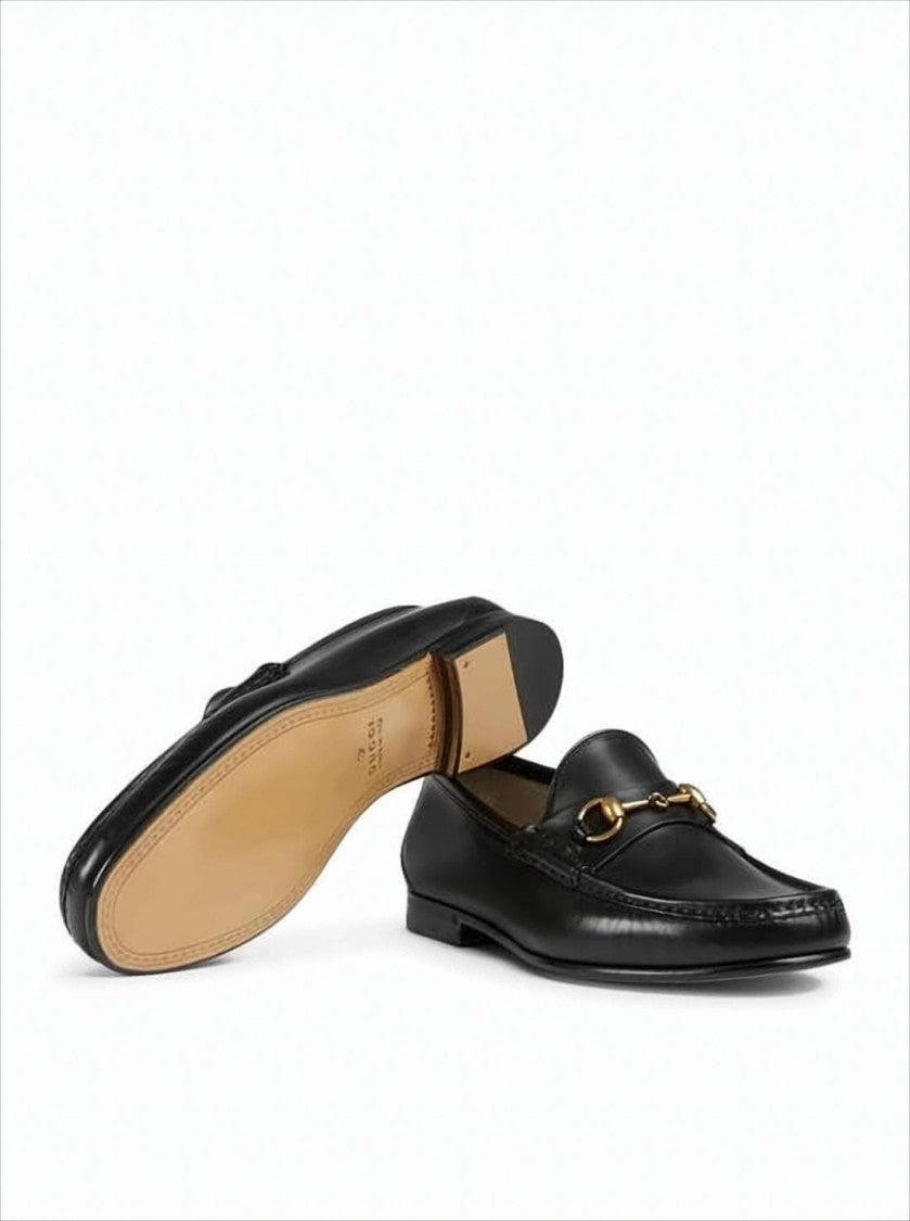 Black Leather Loafers with Gold-tone Horsebit Detail