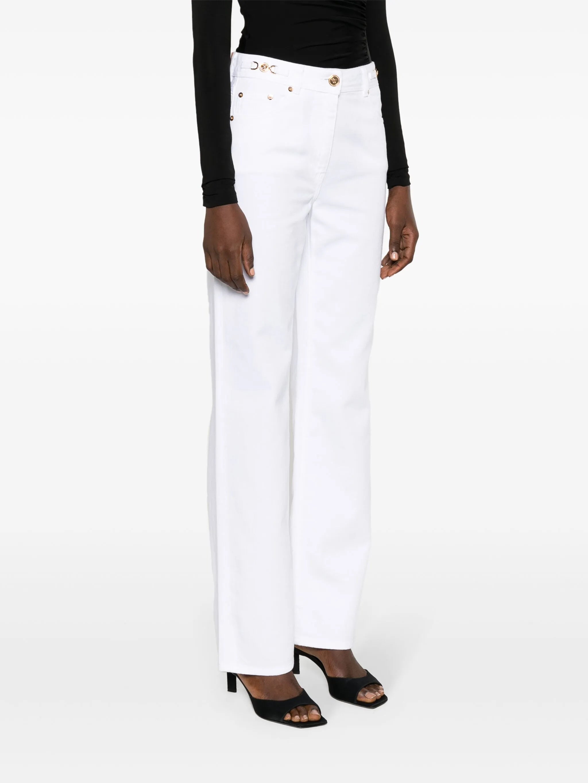 White Wide-Leg Gold Hardware Denim Jeans