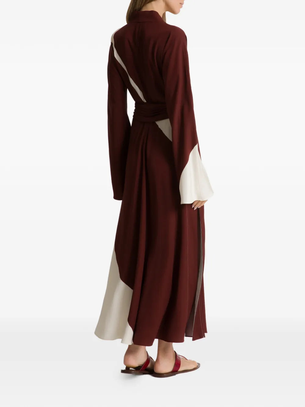 Flowing Midi Dress with Deep V-Neckline and Color-Block Design