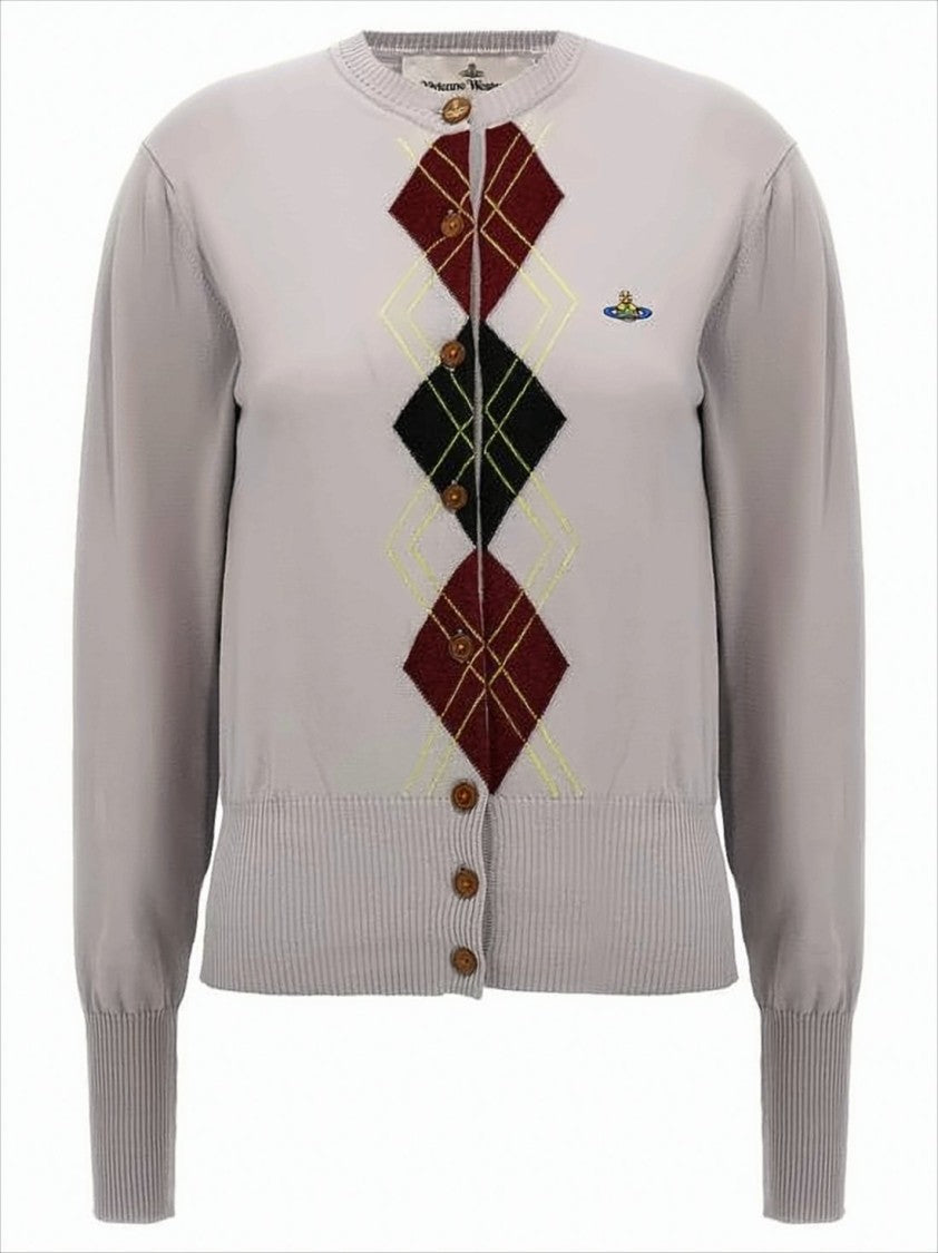 Argyle Knit Cardigan with Wooden Button Closure