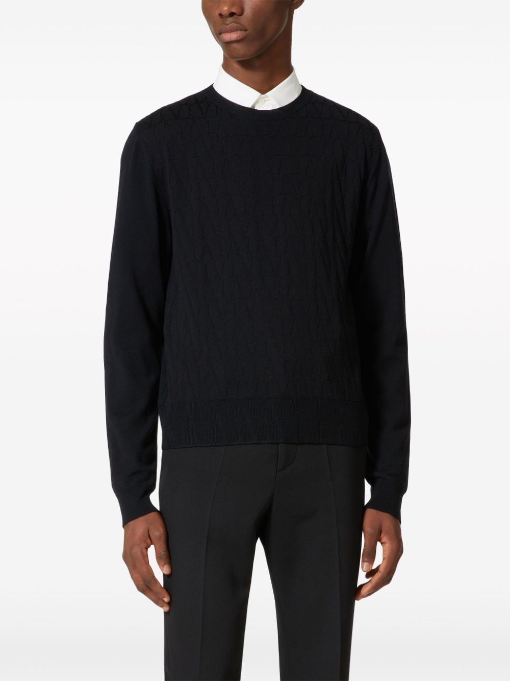 Monogram Jacquard Crew Neck Sweater in Black Virgin Wool
