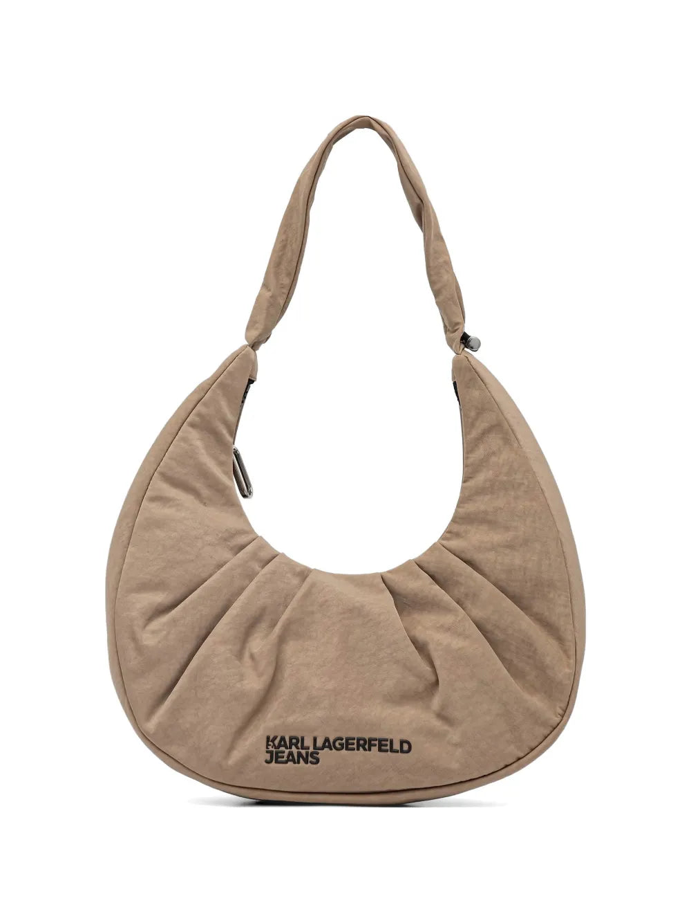 Crescent-Shaped Handbag with Padded Texture and Embossed Logo