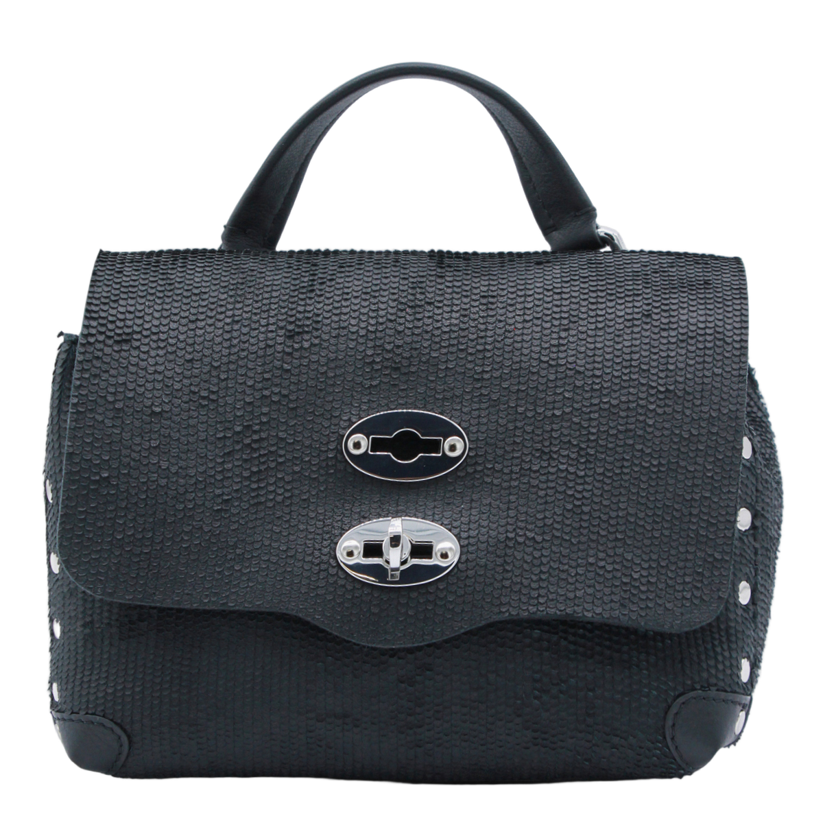 Textured Black Handbag with Silver-tone Accents