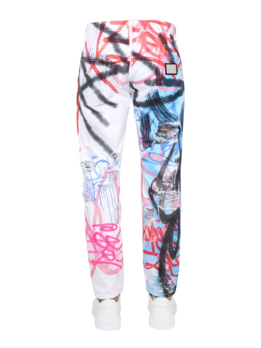 Graffiti-Print Loose Fit Jeans