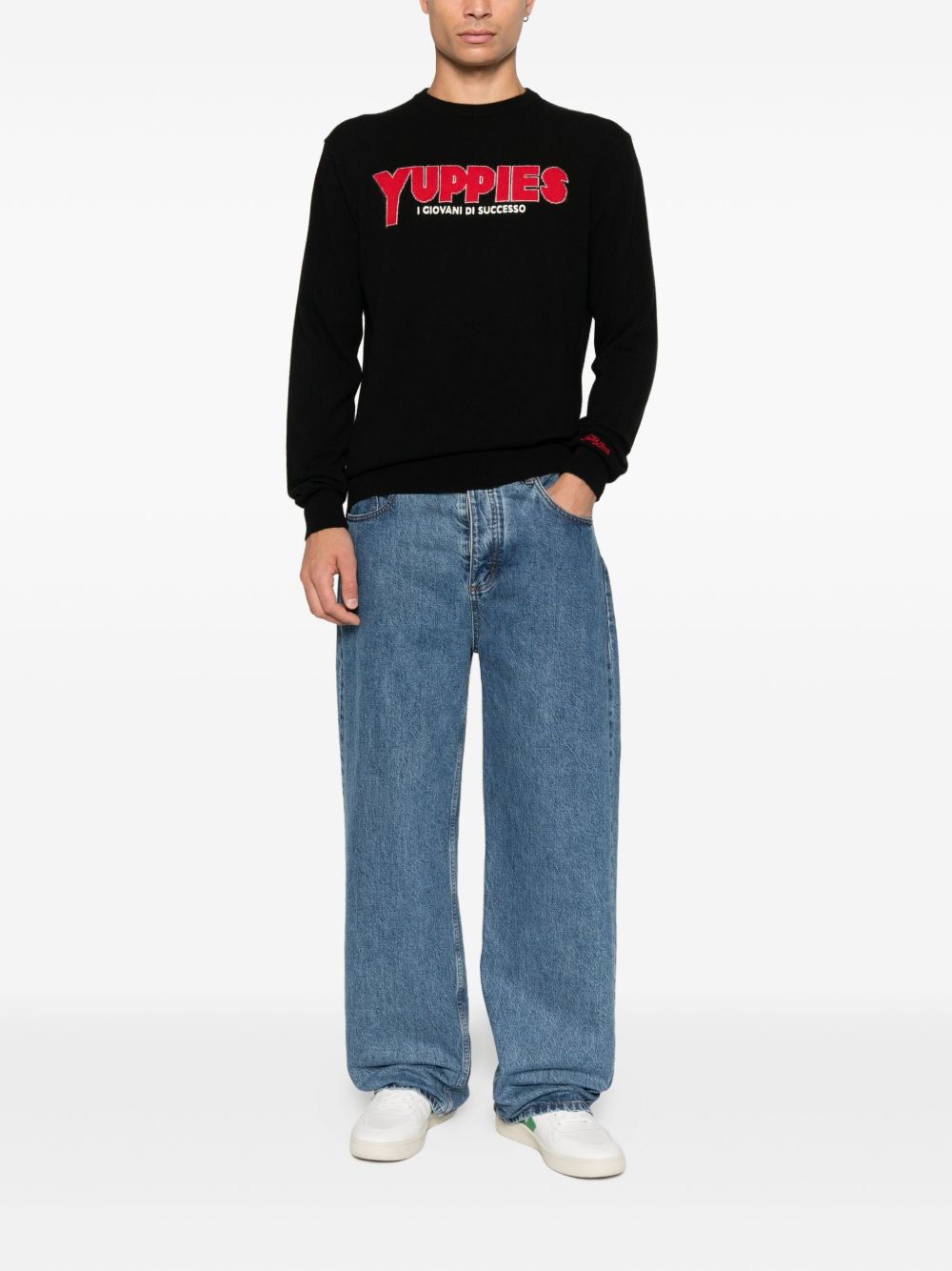 Blue Knit Sweater With Bold Typography