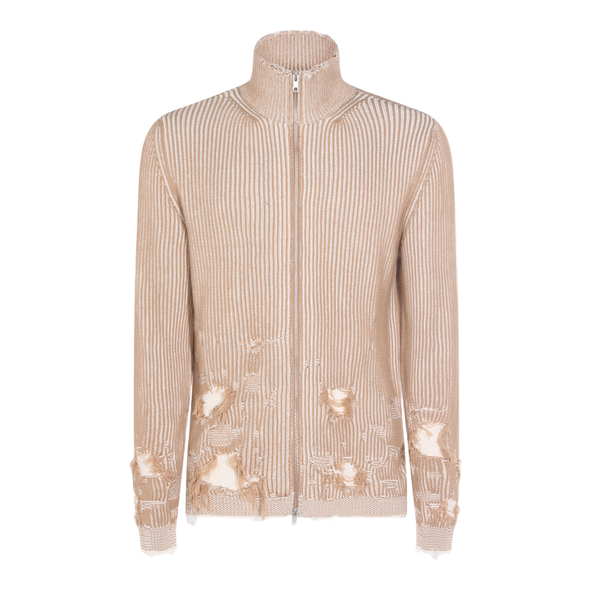Ribbed High Collar Sweater with Distressed Detailing