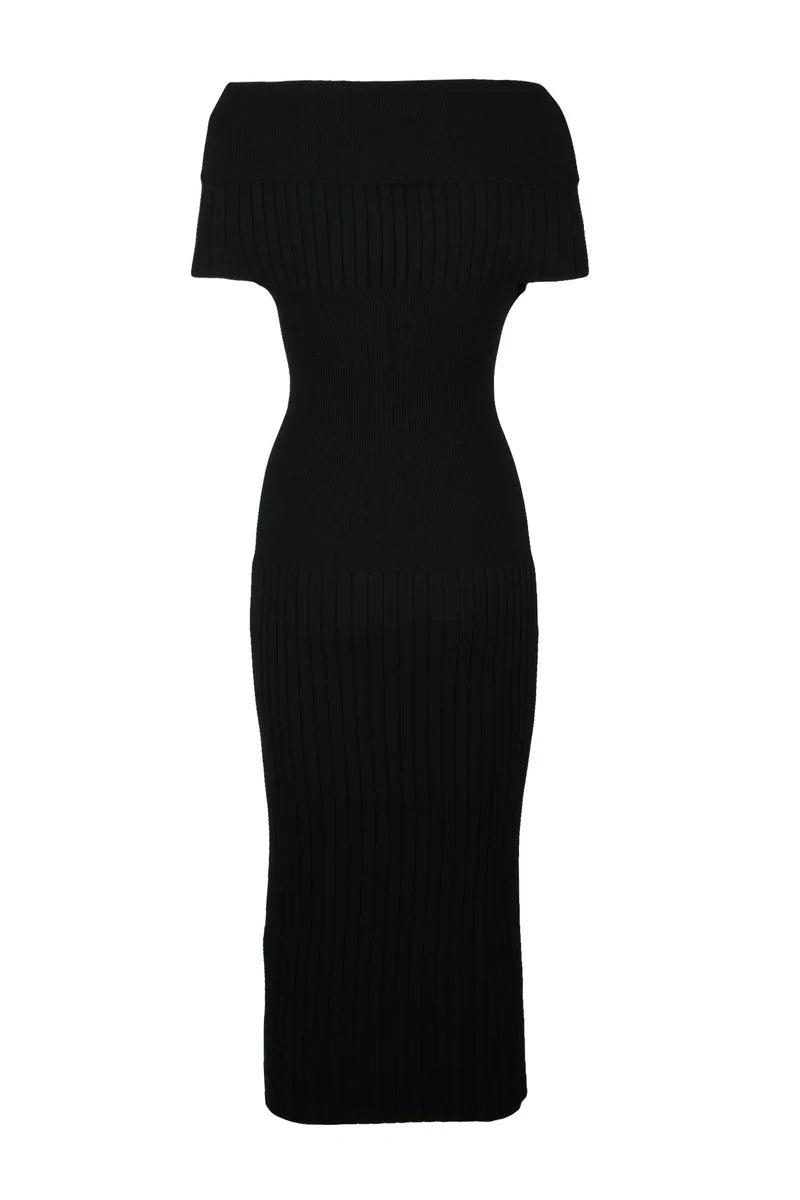 Long Fitted Knit Dress - Black