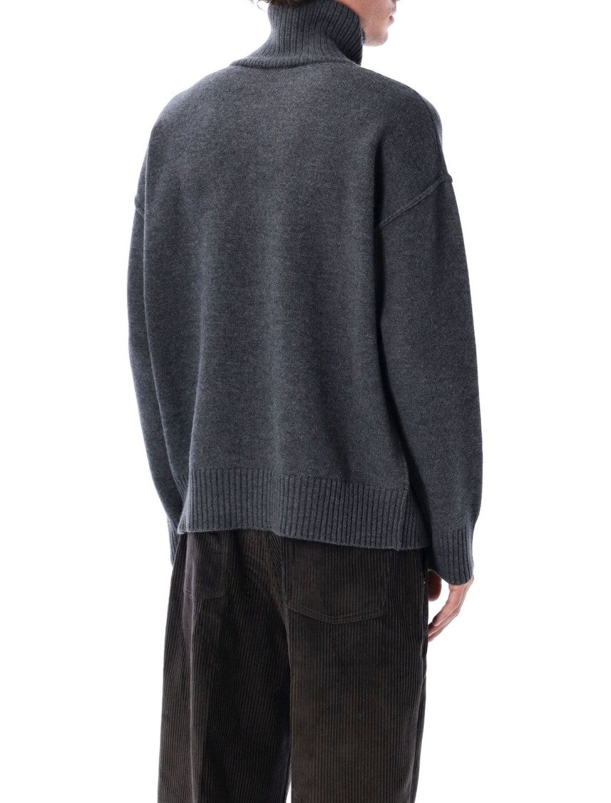Ribbed High-Neck Wool Sweater with Heart Emblem