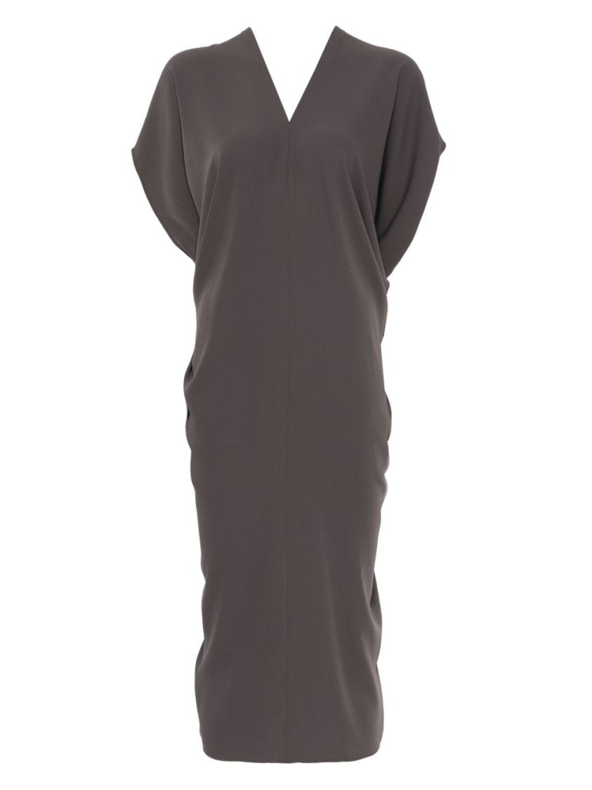 Draped Grey Midi Dress with V-Neckline