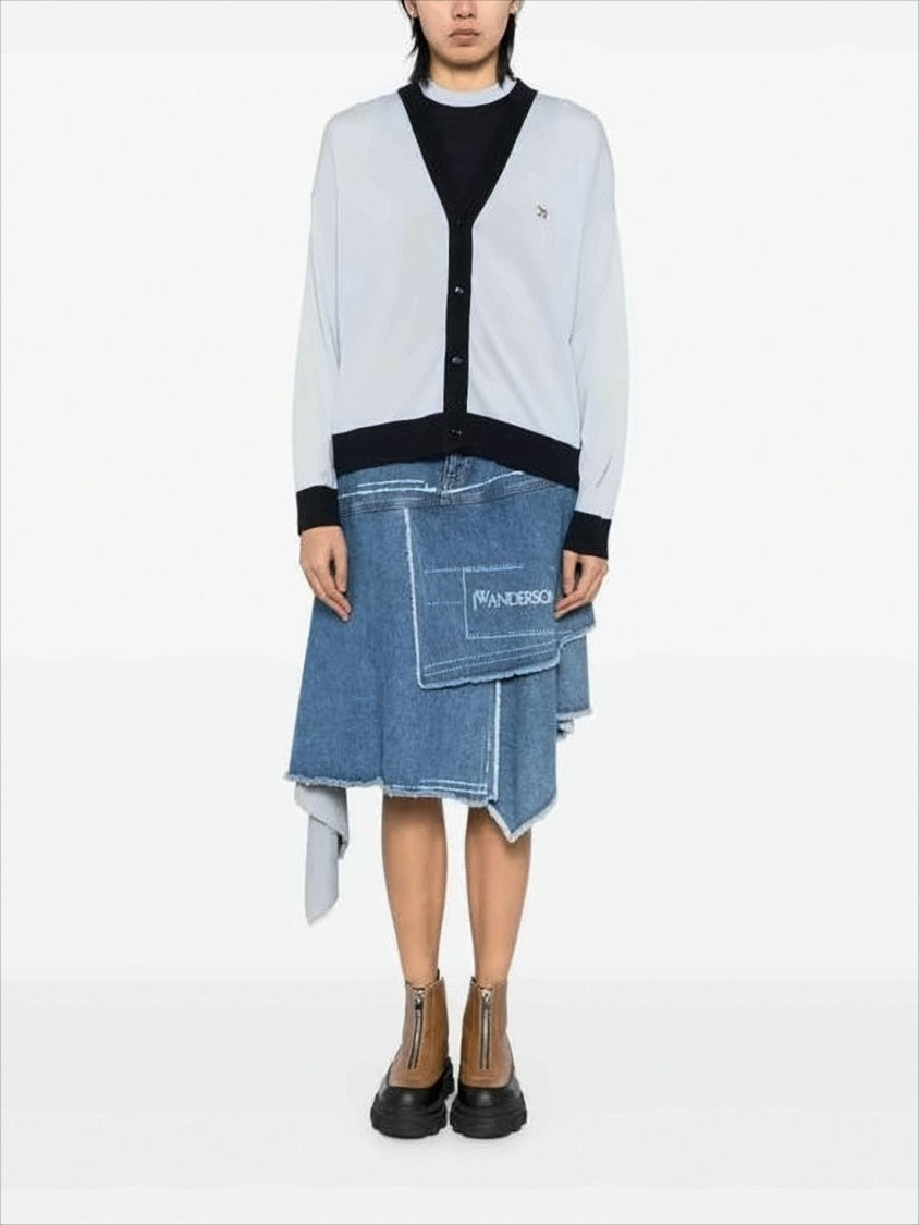 Wool Cardigan With Contrast Trim And Embroidered Emblem