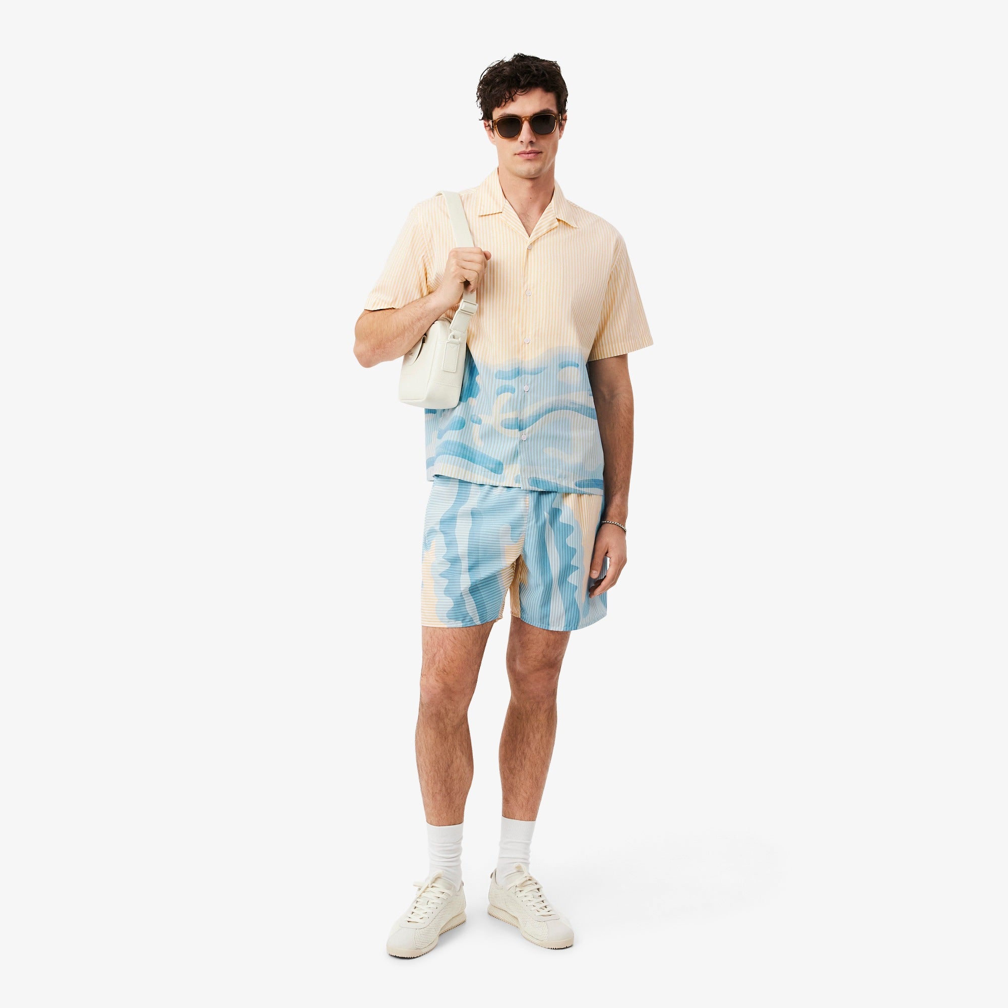 Short-Sleeve Camp Collar Shirt with Abstract Waves