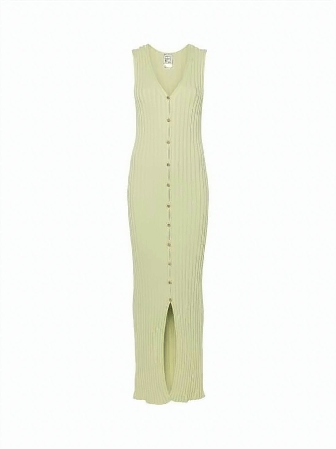 Ribbed Long Dress with V-Neckline and Button Closure