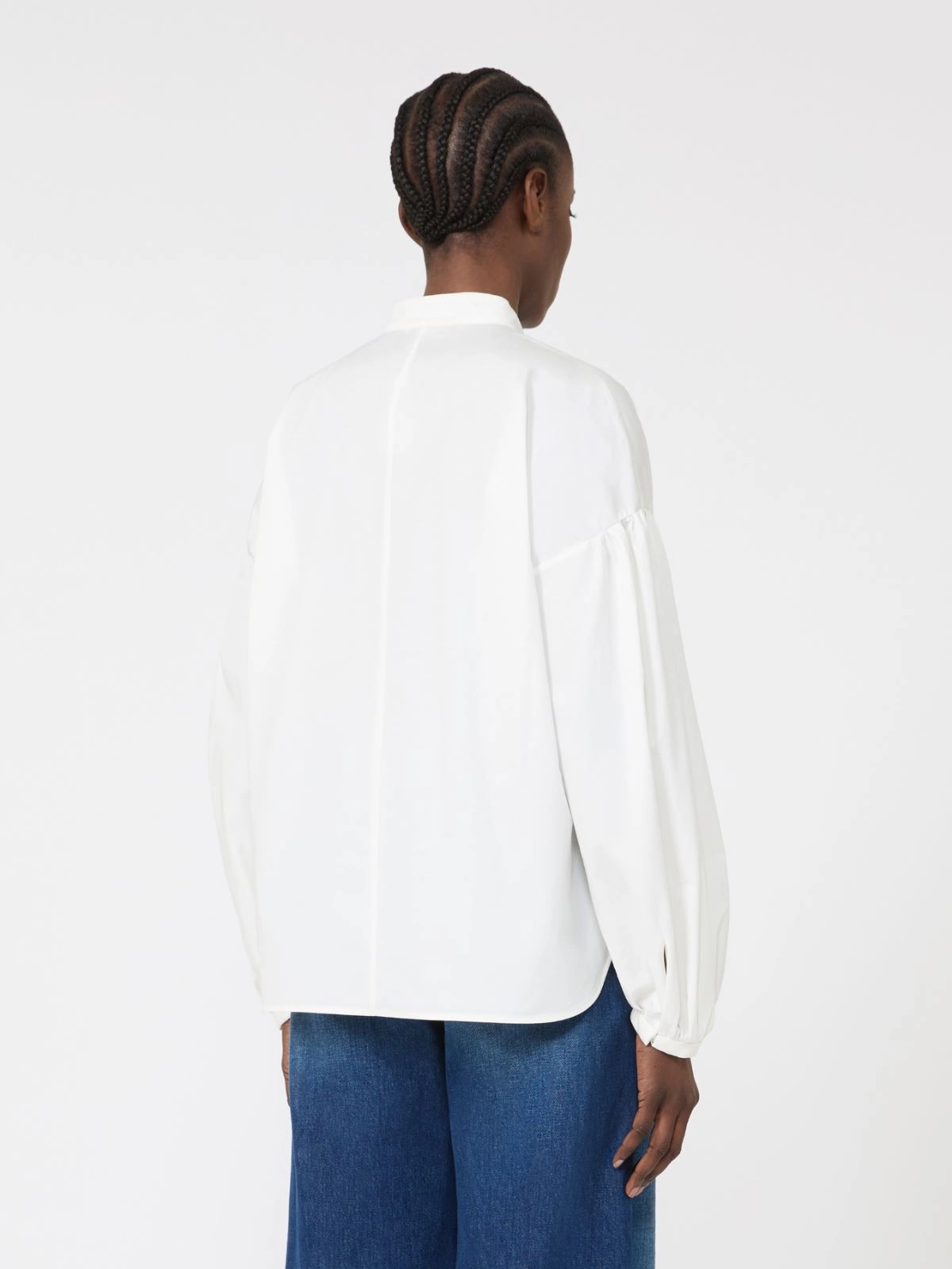 Long-Sleeved Blouse with Gathered Sleeves and Stand Collar