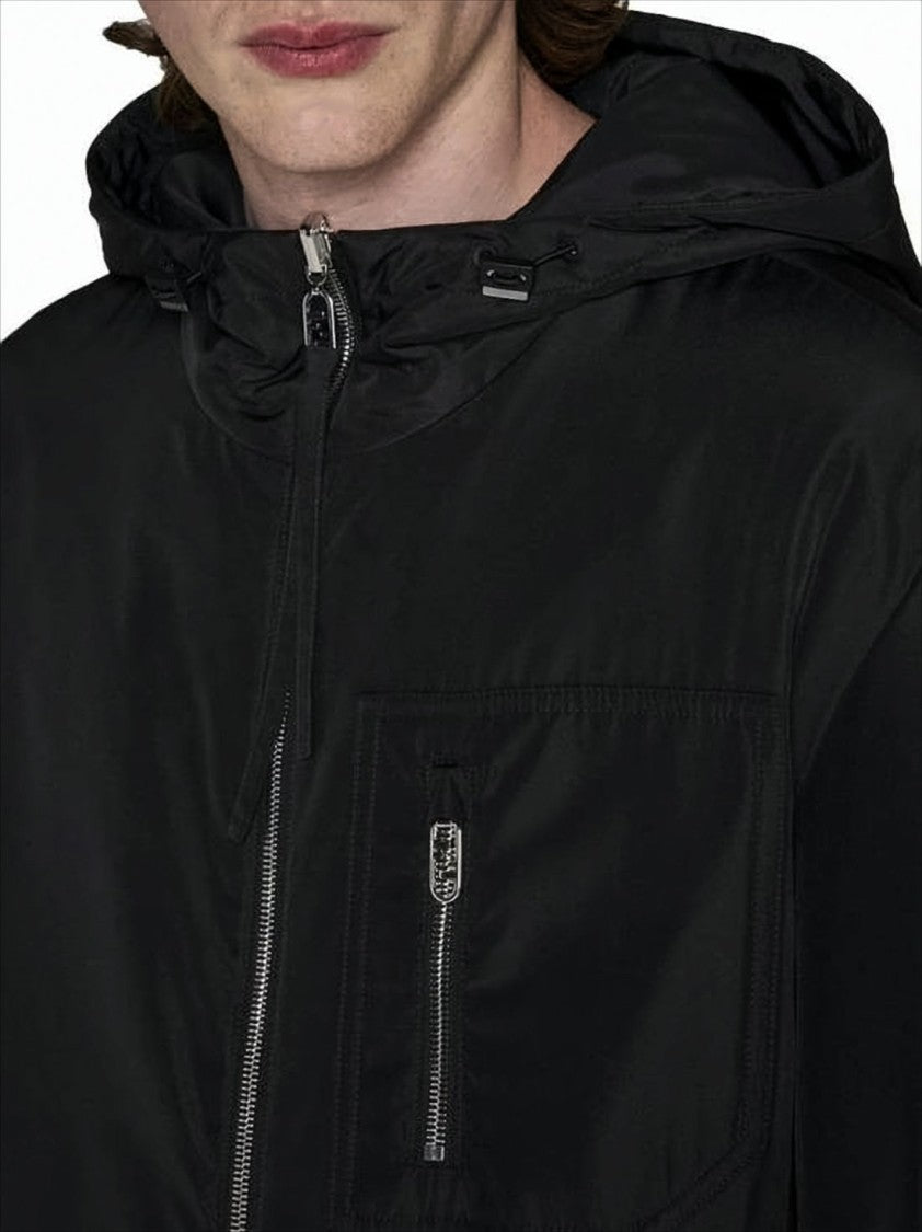 Hooded Black Jacket with Tonal Pattern