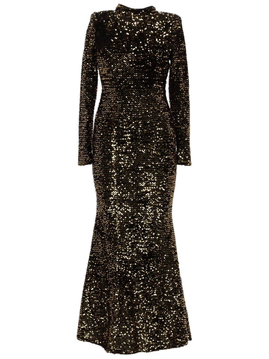 Fitted Sequin-Embellished Evening Dress with High Neckline