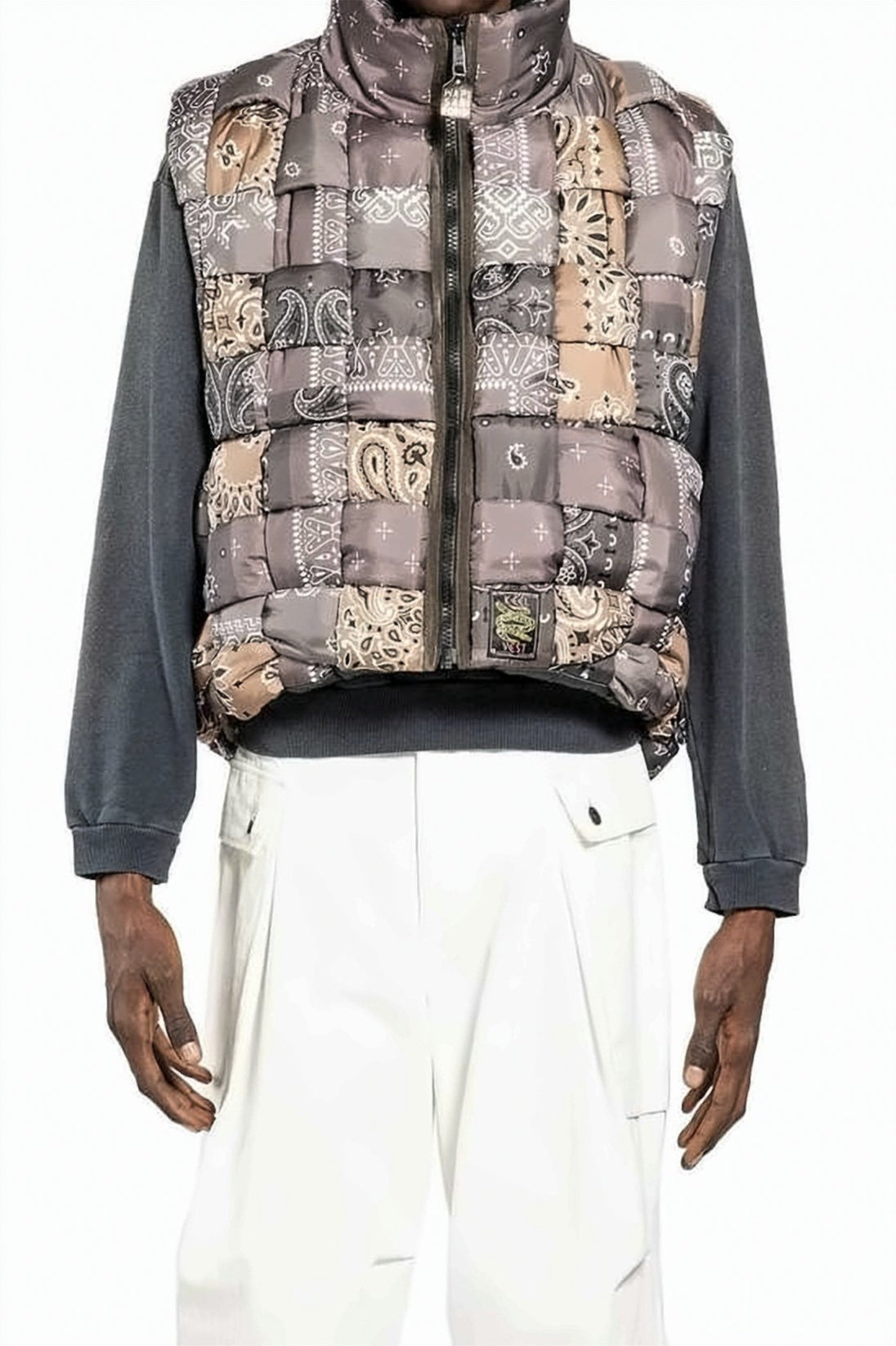 Cropped Puffer Vest with Patchwork Bandana Print