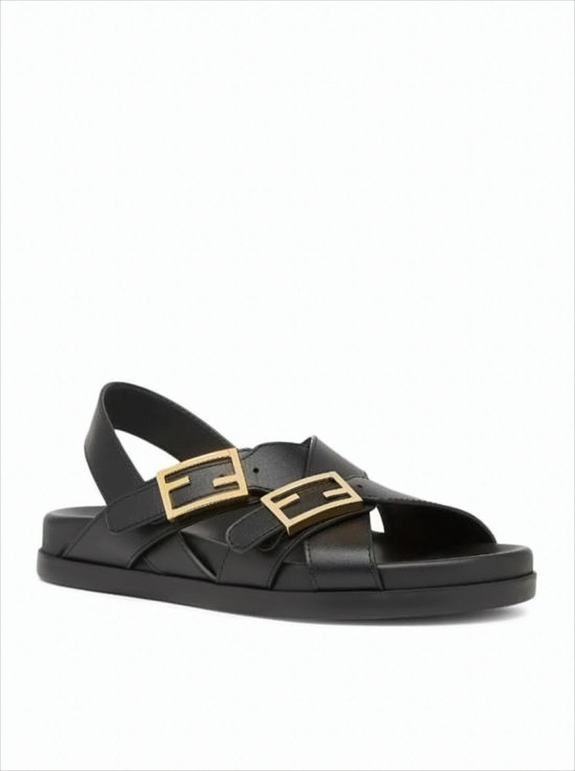 Black Leather Sandals With Gold-Tone Buckle Details