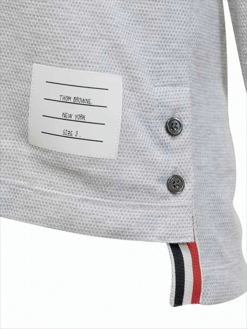 Textured Light Grey Long-Sleeve Polo Shirt with Striped Detailing