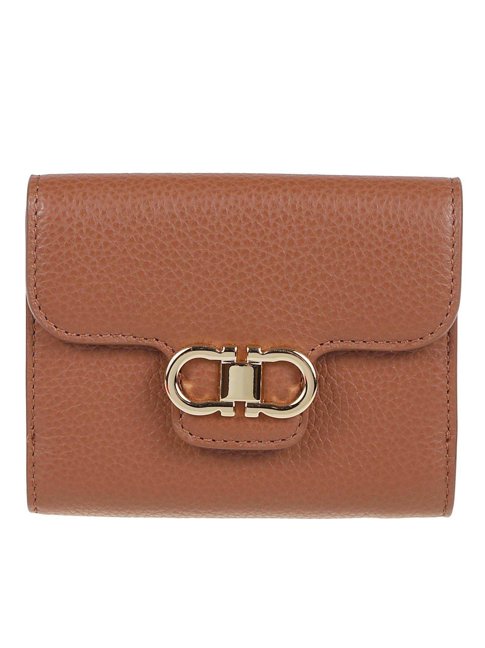 Compact Pebbled Leather Wallet with Double Gancini Buckle