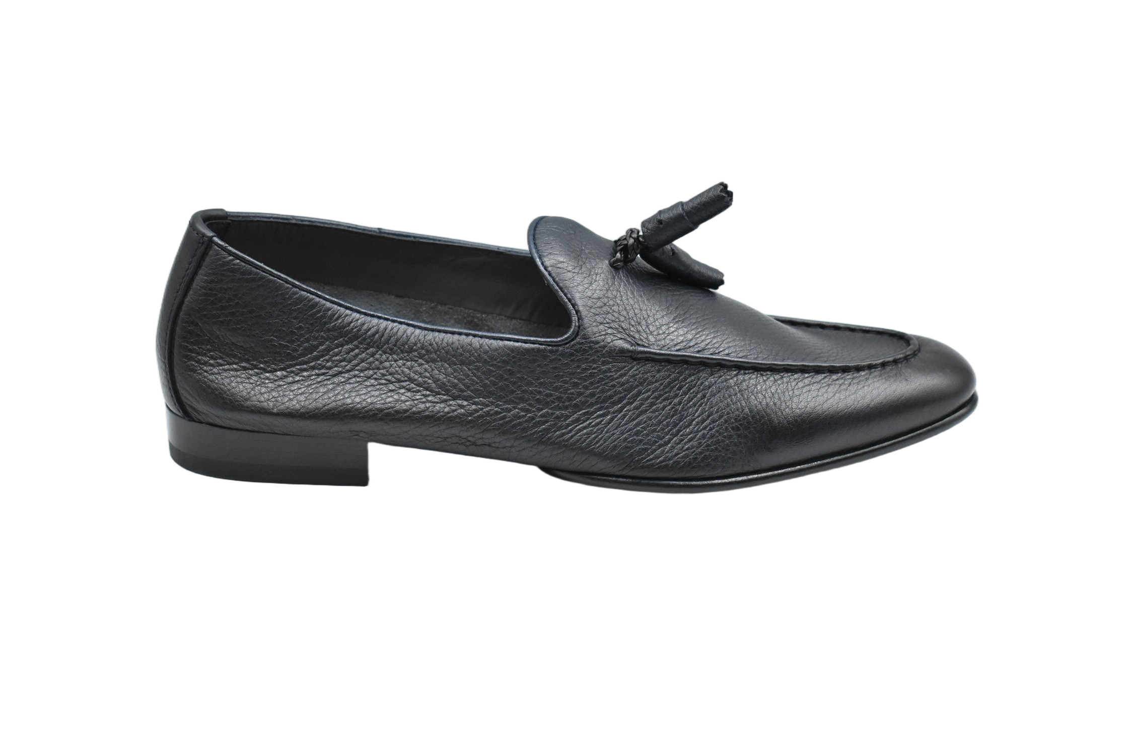 Textured Leather Blue Loafers With Decorative Tassel
